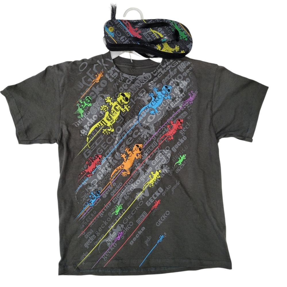Gecko Kids T-Shirt  With Pair Of Summer Slippers- Black with Multicolor Graphics
